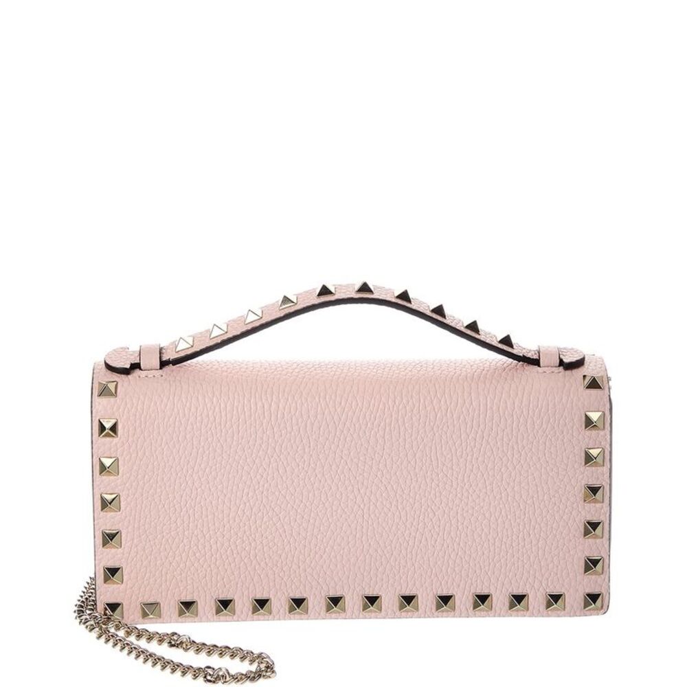 Valentino Rockstud Grainy Leather Wallet On Chain, Pink
